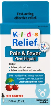 Homeolab USA, Kids Relief, Pain & Fever for Kids, Cherry Flavor, 0.85 fl oz (25 ml) ,صحة الأطفال، سعال انفلونزا البرد، الانفلونزا الباردة والفيروسية، البرد والانفلونزا