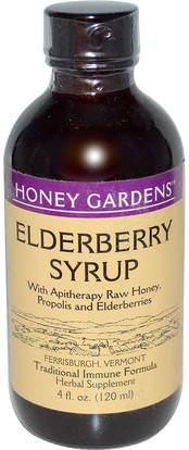 Honey Gardens, Elderberry Syrup with Apitherapy Raw Honey, Propolis and Elderberries, 4 fl oz (120 ml) ,الصحة، الإنفلونزا الباردة والفيروسية، إلديربيري (سامبوكوس)