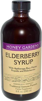 Honey Gardens, Elderyberry Syrup with Apitherapy Raw Honey, Propolis and Elderberries, 8 fl oz (240 ml) ,والصحة، والانفلونزا الباردة والفيروسية، ونظام المناعة