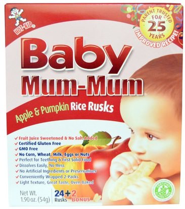 Hot Kid, Baby Mum-Mum, Apple & Pumpkin Rice Rusks, 24 Rusks, 1.76 oz (50 g) ,صحة الطفل، تغذية الطفل، والرضع الوجبات الخفيفة والأصابع، التسنين البسكويت الكوكيز، أطفال الأطعمة