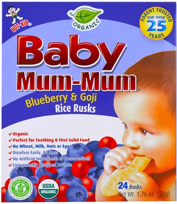 Hot Kid, Baby Mum-Mum, Organic Rice Rusk, Blueberry & Goji Rice Rusks, 24 Rusks, 17.6 oz (50 g) Each ,صحة الطفل، تغذية الطفل، والرضع الوجبات الخفيفة والأصابع، التسنين البسكويت الكوكيز، أطفال الأطعمة