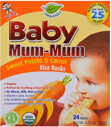Hot Kid, Baby Mum-Mum, Organic Sweet Potato & Carrot Rice Rusks, 24 Rusks, 1.76 oz (50 g) Each ,صحة الطفل، تغذية الطفل، والرضع الوجبات الخفيفة والأصابع، التسنين البسكويت الكوكيز، أطفال الأطعمة