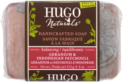 Hugo Naturals, Handcrafted Soap, Geranium & Indonesian Patchouli, 4 oz (113 g) ,حمام، الجمال، الصابون، الأعشاب، إبرة الراعي