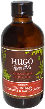 Hugo Naturals, Massage & Body Oil, Indonesian Patchouli & Sandalwood, 4 oz (118 ml) ,الصحة، الجلد، حمام، زيوت التجميل، زيوت العناية بالجسم، زيت التدليك