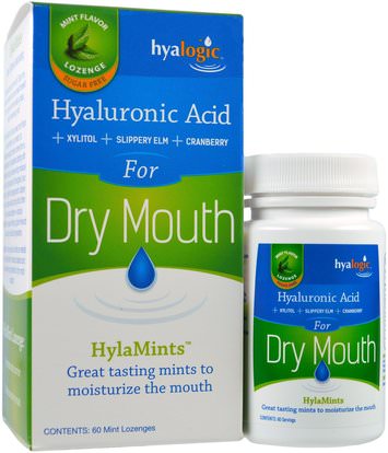 Hyalogic LLC, Hyaluronic Acid for Dry Mouth, HylaMints, 60 Mint Lozenges ,والصحة، وجفاف الفم، ورعاية الأسنان عن طريق الفم، النعناع الأسنان اللثة