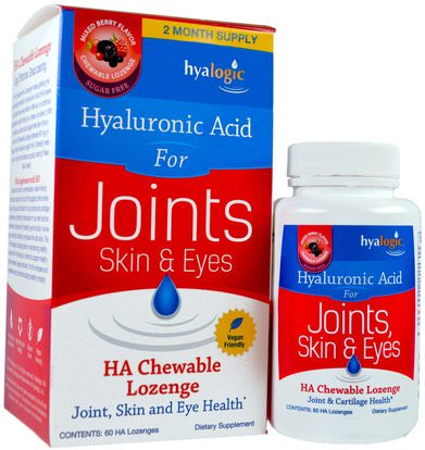 Hyalogic LLC, Hyaluronic Acid For Joints, Skin & Eyes, Mixed Berry Flavor, 60 HA Chewable Lozenges ,والصحة، والعظم، وهشاشة العظام، ومكافحة الشيخوخة والصحة المشتركة