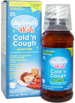 Hylands, 4 Kids Cold n Cough Nighttime, Age 2-12, 4 fl oz (118 ml) ,صحة الأطفال، سعال انفلونزا البرد، السعال المثلي البرد والانفلونزا