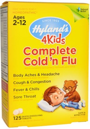 Hylands, 4Kids Complete Cold n Flu, Ages 2-12, 125 Quick-Dissolving Tablets ,صحة الأطفال، سعال انفلونزا البرد، السعال المثلي البرد والانفلونزا
