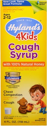 Hylands, Cough Syrup, 4 Kids, with 100% Natural Honey, 4 fl oz (118 ml) ,صحة الأطفال، سعال انفلونزا البرد، السعال المثلي البرد والانفلونزا