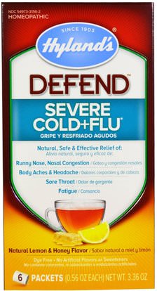Hylands, Defend, Severe Cold+Flu, Natural Lemon & Honey Flavor, 6 Packets, 0.56 oz Each ,والصحة، والانفلونزا الباردة والفيروسية والبرد والانفلونزا، والمكملات الغذائية، والسعال المثلي البرد والانفلونزا