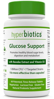 Hyperbiotics, Glucose Support, with Banaba Extract and Vitamin D3, 60 Time-Release Tablets ,والصحة، والسكر في الدم، والمكملات الغذائية، البروبيوتيك