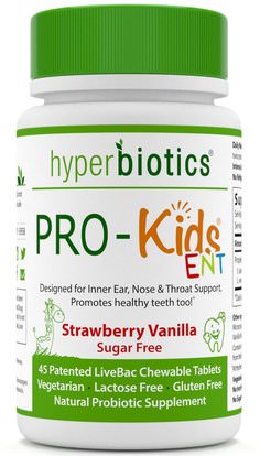 Hyperbiotics, PRO-Kids ENT, Strawberry Vanilla, Sugar Free, 45 Chewable Tablets ,صحة الطفل، والمكملات الغذائية، والأطفال البروبيوتيك