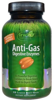 Irwin Naturals, Anti-Gas Digestive Enzymes, 45 Liquid Soft-Gels ,والمكملات الغذائية، والإنزيمات الهاضمة، والصحة