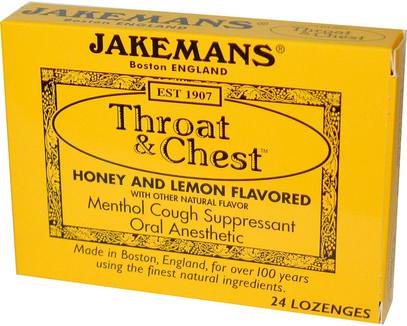 Jakemans, Throat & Chest, Honey and Lemon Flavored, 24 Lozenges ,والصحة، والانفلونزا الباردة والفيروسية، ورذاذ الرعاية الحلق، قطرات السعال