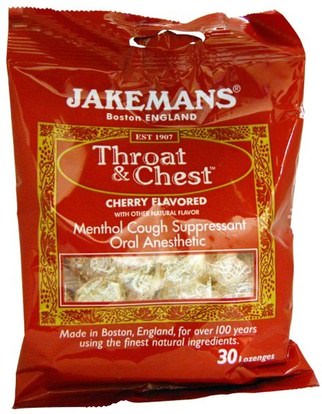 Jakemans, Throat & Chest, Menthol Cough Suppressant, Cherry Flavored, 30 Lozenges ,والصحة، والرئة والقصبات الهوائية، والسعال قطرات