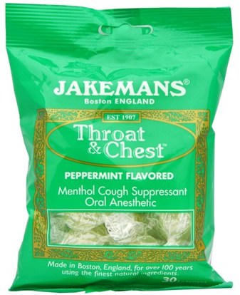 Jakemans, Throat & Chest, Peppermint Flavored, 30 Lozenges ,والصحة، والانفلونزا الباردة والفيروسية، ورذاذ الرعاية الحلق، قطرات السعال