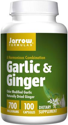 Jarrow Formulas, Garlic & Ginger, 700 mg, 100 Capsules ,والمكملات الغذائية، والمضادات الحيوية، والثوم، والأعشاب، وجذر الزنجبيل