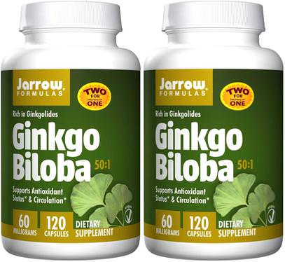 Jarrow Formulas, Ginkgo Biloba, 50:1, 60 mg, 2 Bottles, 120 Veggie Caps Each ,الأعشاب، الجنكة بيلوبا، العشبية