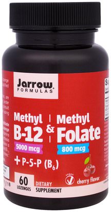 Jarrow Formulas, Methyl B-12 & Methyl Folate, 5000 mcg/800 mcg, Cherry Flavor, 60 Lozenges ,الفيتامينات، وفيتامين ب، وفيتامين ب 12، وفيتامين ب 12 - ميثيلكوبالامين