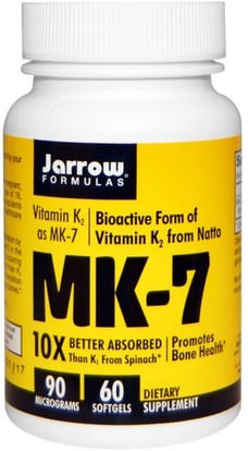 Jarrow Formulas, MK-7, Vitamin K2 as MK-7, 90 mcg, 60 Softgels ,الفيتامينات، فيتامين k