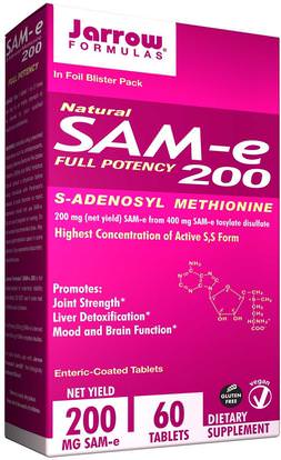 Jarrow Formulas, Natural SAM-e (S-Adenosyl-L-Methionine) 200, 200 mg, 60 Enteric-Coated Tablets ,الصحة، تعاطي المخدرات، الإدمان، سام-e (s-أدينوسيل ميثيونين)، سام-e 200 ملغ