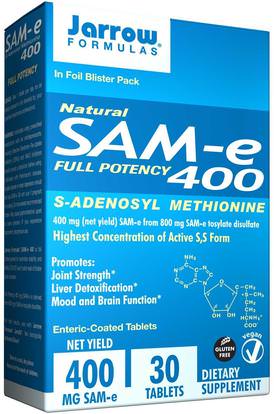 Jarrow Formulas, Natural SAM-e (S-Adenosyl-L-Methionine) 400, 400 mg, 30 Enteric-Coated Tablets ,الصحة، تعاطي المخدرات، الإدمان، سام-e (s-أدينوسيل ميثيونين)، سام-e 400 ملغ