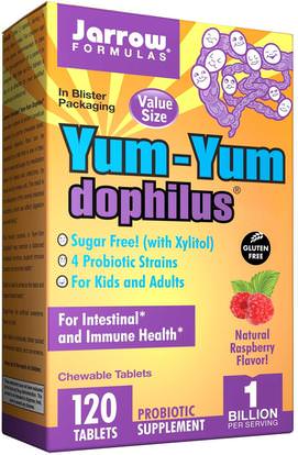 Jarrow Formulas, Yum-Yum Dophilus, Sugar-Free!, Natural Raspberry Flavor, 120 Chewable Tablets (Ice) ,المكملات الغذائية، البروبيوتيك، الأطفال البروبيوتيك، المنتجات المثلجة المبردة