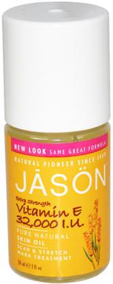 Jason Natural, Extra Strength, Vitamin E Skin Oil, 32,000 I.U., 1 fl oz (30 ml) ,الصحة، الجلد، فيتامين e كريم النفط، زيت التدليك