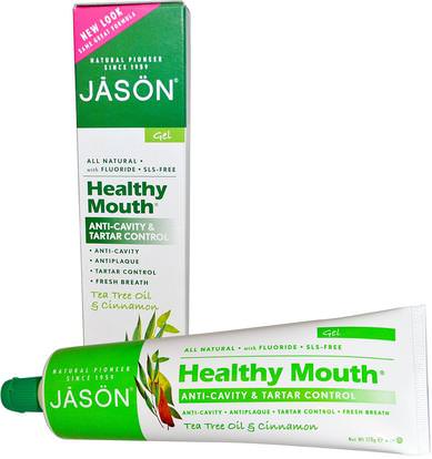 Jason Natural, Healthy Mouth, Anti-Cavity & Tartar Control Gel, Tea Tree Oil & Cinnamon, 6 oz (170 g) ,حمام، الجمال، معجون أسنان