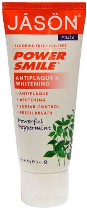 Jason Natural, Power Smile, Antiplaque & Whitening Toothpaste, Powerful Peppermint, 3 oz (85 g) ,حمام، الجمال، معجون الأسنان، العناية بالأسنان عن طريق الفم، تبييض الأسنان
