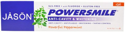 Jason Natural, PowerSmile, Anti-Cavity & Whitening Gel, Powerful Peppermint, 6 oz (170 g) ,حمام، الجمال، معجون الأسنان، العناية بالأسنان عن طريق الفم، تبييض الأسنان