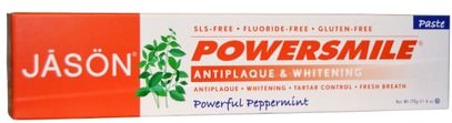 Jason Natural, PowerSmile, Antiplaque & Whitening Toothpaste, Powerful Peppermint, 6 oz (170 g) ,حمام، الجمال، معجون الأسنان، العناية بالأسنان عن طريق الفم، تبييض الأسنان