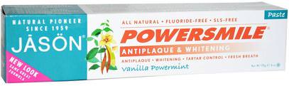 Jason Natural, Powersmile, Antiplaque & Whitening Toothpaste, Vanilla PowerMint, 6 oz (170 g) ,حمام، الجمال، معجون الأسنان، العناية بالأسنان عن طريق الفم، تبييض الأسنان
