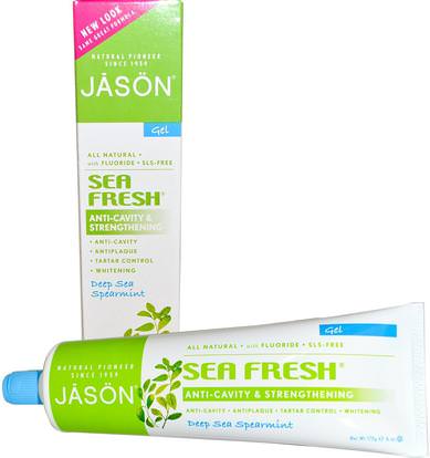 Jason Natural, Sea Fresh, Anti-Cavity & Strengthening Gel, Deep Sea Spearmint, 6 oz (170 g) ,حمام، الجمال، معجون الأسنان، العناية بالأسنان عن طريق الفم، تبييض الأسنان