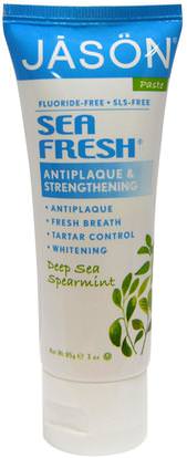 Jason Natural, Sea Fresh, Antiplaque & Strengthening Paste, Deep Sea Spearmint, 3 oz (85 g) ,حمام، الجمال، معجون الأسنان، العناية بالأسنان عن طريق الفم، تبييض الأسنان