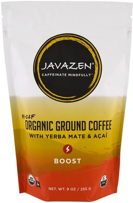 Javazen, Hi-Caf, Organic Ground Coffee with Yerba Mate & Acai, Boost, 9 oz (255 g) ,الطعام، شاي العشبية، يربا، تزاوج، بني اللون