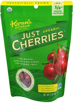 Karens Naturals, Just Organic Cherries, 2 oz (56 g) ,الغذاء، مقتطفات الفاكهة المجففة، الكرز (الفاكهة السوداء البرية)