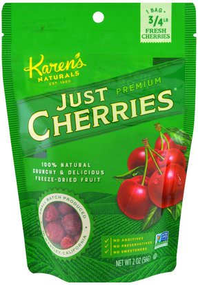 Karens Naturals, Just Premium Cherries, 2 oz (56 g) ,الغذاء، مقتطفات الفاكهة المجففة، الكرز (الفاكهة السوداء البرية)