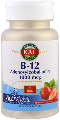 KAL, B-12 Adenosylcobalamin, Stawberry, 1000 mcg, 90 Micro Tablets ,الفيتامينات، فيتامين ب