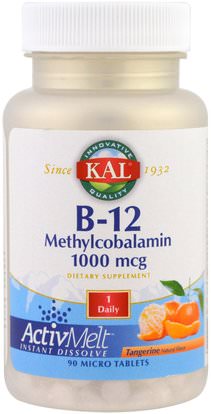 KAL, B-12 Methylcobalamin, Tangerine, 1000 mcg, 90 Micro Tablets ,الفيتامينات، فيتامين ب