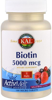 KAL, Biotin, Mixed Berry, 5000 mcg, 100 Micro Tablets ,الفيتامينات، فيتامين ب