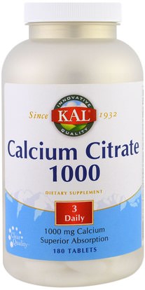 KAL, Calcium Citrate 1000, 1000 mg, 180 Tablets ,المكملات الغذائية، المعادن، سيترات الكالسيوم