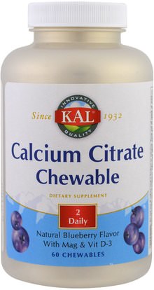 KAL, Calcium Citrate Chewable, Natural Blueberry Flavor, 60 Chewables ,المكملات الغذائية، والمعادن، والكالسيوم