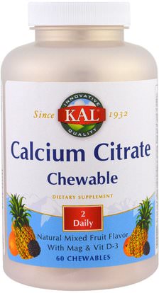 KAL, Calcium Citrate Chewable, Natural Mixed Fruit Flavor, 60 Chewables ,المكملات الغذائية، والمعادن، والكالسيوم