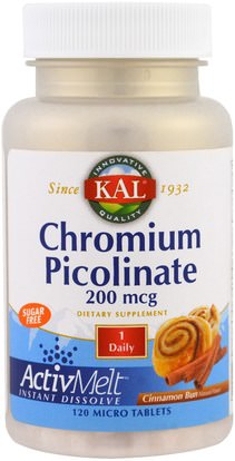 KAL, Chromium Picolinate ActivMelt, Cinnamon Bun, 120 Micro Tablets ,المكملات الغذائية، المعادن، بيكولينات الكروم