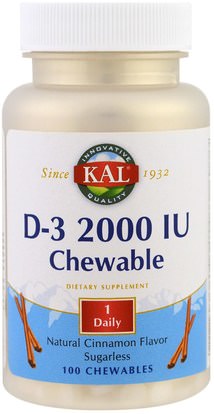 KAL, D-3 Chewable, Natural Cinnamon Flavor, 2000 IU, 100 Chewables ,الفيتامينات، فيتامين d3