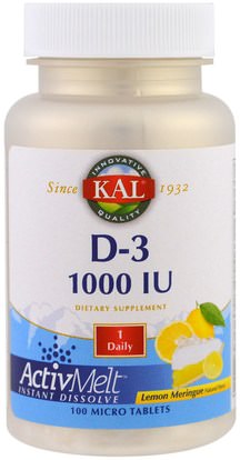 KAL, D-3, Lemon Meringue, 1000 IU, 100 Micro Tablets ,الفيتامينات، فيتامين d3