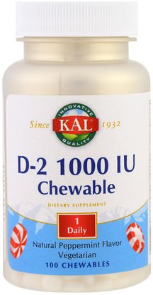 KAL, D2, Natural Peppermint Flavor, 1000 IU, 100 Chewables ,الفيتامينات، فيتامين d3، فيتامين د 2 (إرغوكالسيفيرول)