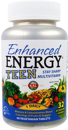 KAL, Enhanced Energy, Teen, Memory & Concentration Blend, 60 Veggie Tabs ,والصحة، واضطراب نقص الانتباه، إضافة، أدهد والدماغ والذاكرة والدماغ والوظيفة المعرفية