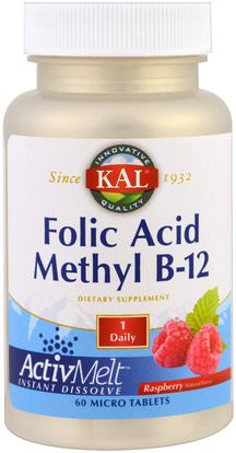 KAL, Folic Acid Methyl B-12, ActivMelt, Raspberry, 60 Micro Tablets ,الفيتامينات، فيتامين ب المعقدة